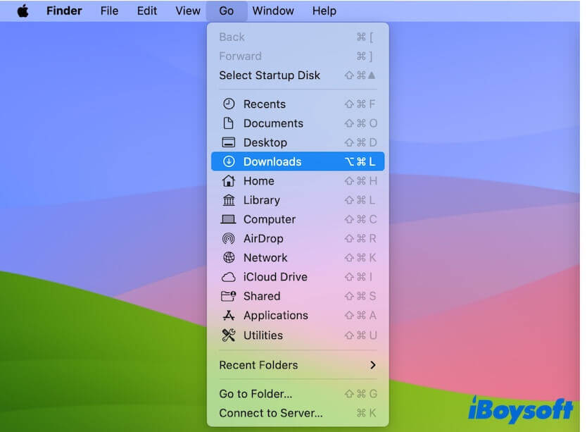 find Downloads folder from Finder Go menu