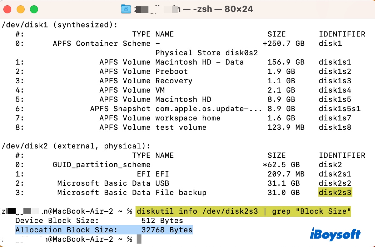 Allokationseinheitsgröße von exFAT auf Mac überprüfen
