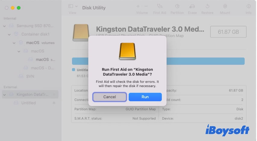 Führen Sie First Aid aus, um die externe Festplatte zu überprüfen