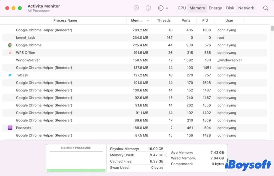 check memory usage in Activity Monitor
