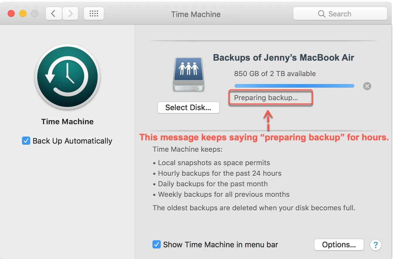 Time Machine stuck on preparing backup