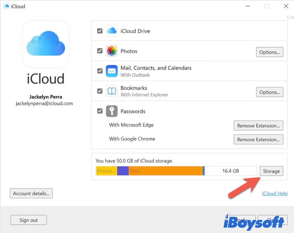 click Storage in the iCloud for Windows pane