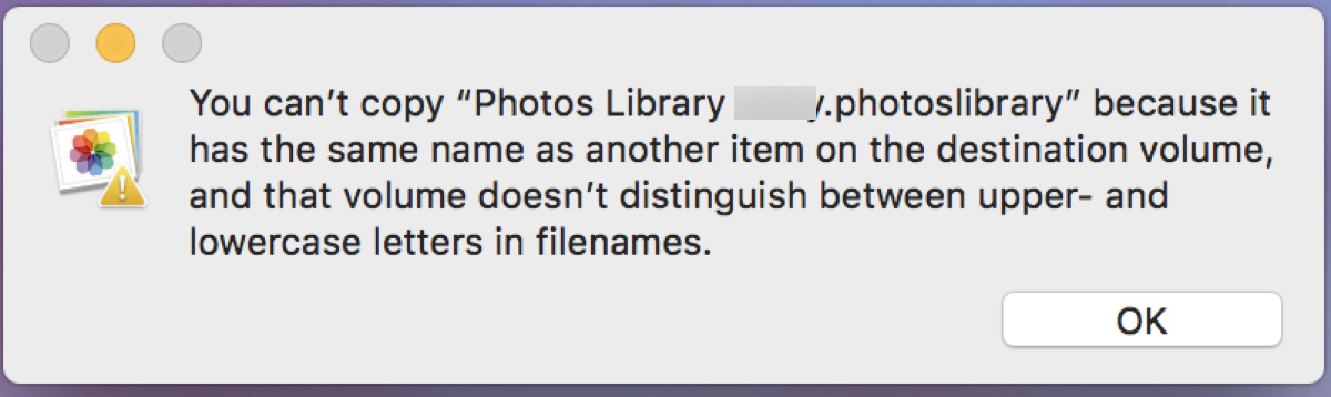 You cant copy Photos Library because it has the same name as another item on the destination volume error