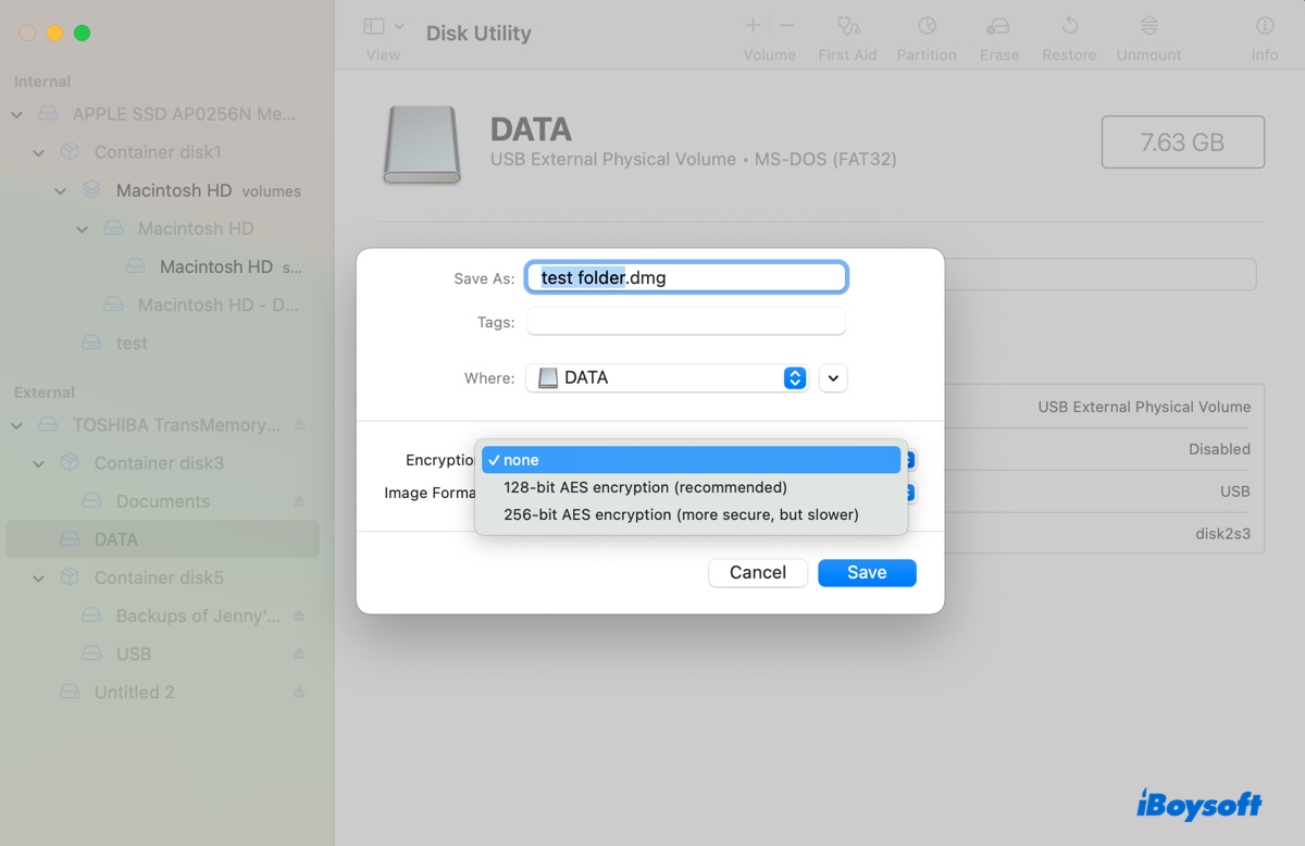 Macで外部ハードドライブにフォルダを保護するための暗号化方式を選択する