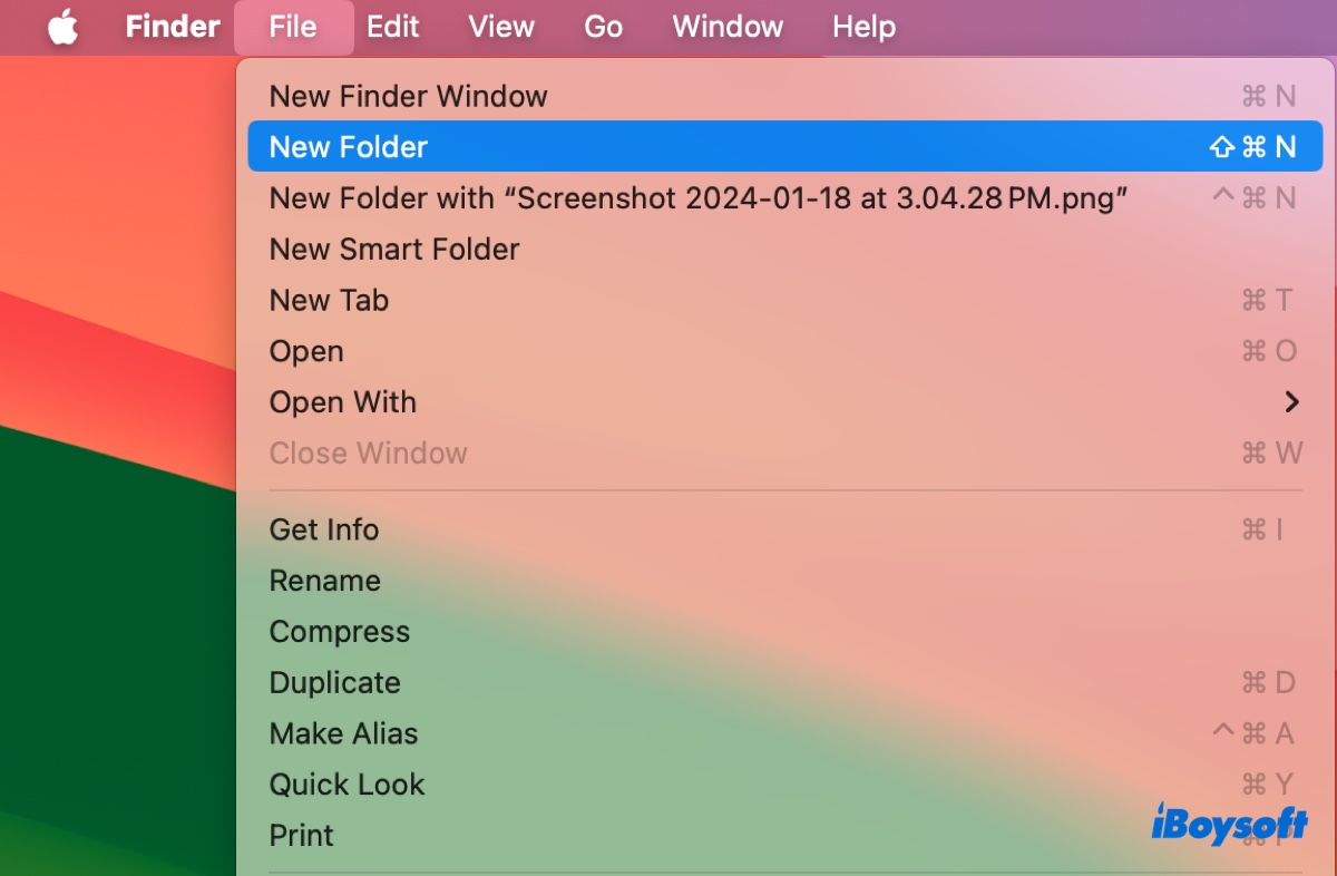 Use keyboard shortcut to create a new folder on an external hard drive connected to Mac