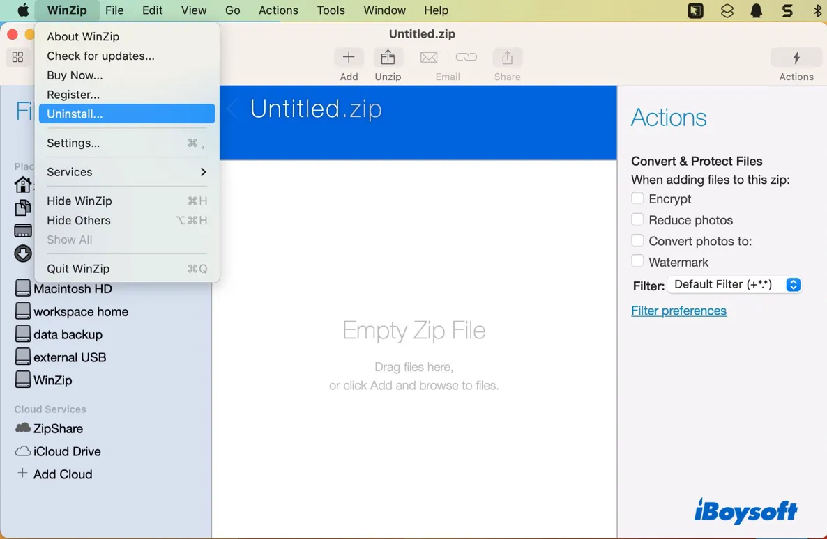 So löschen Sie WinZip von Mac mit seiner eigenen Deinstallations-Schaltfläche