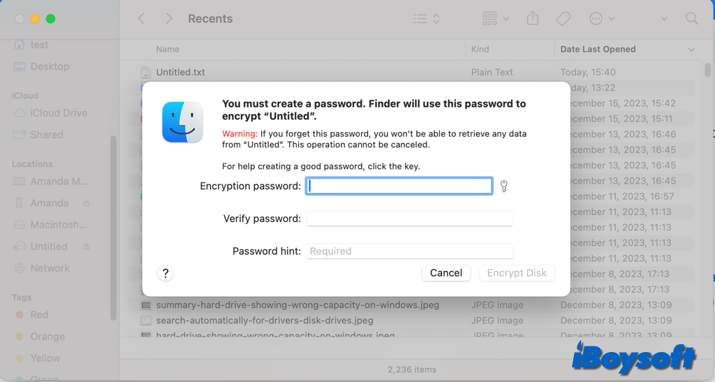 finderで暗号化するためのパスワードを入力