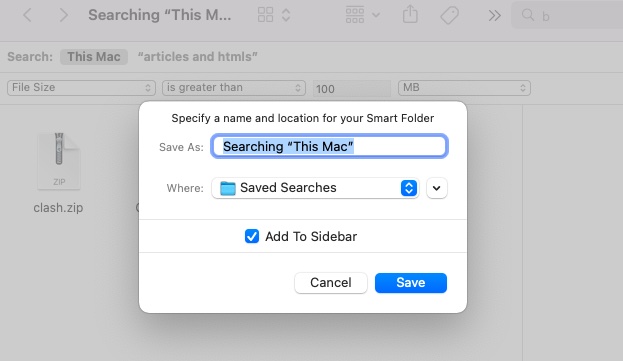 save filter of a given file size for future search