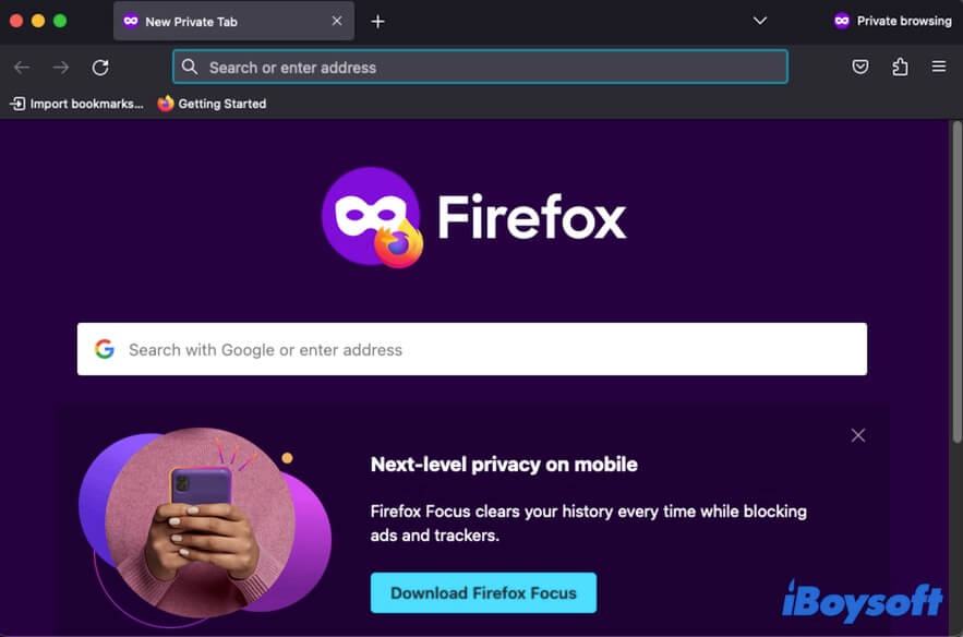 Ventana de navegación privada de Firefox en Mac