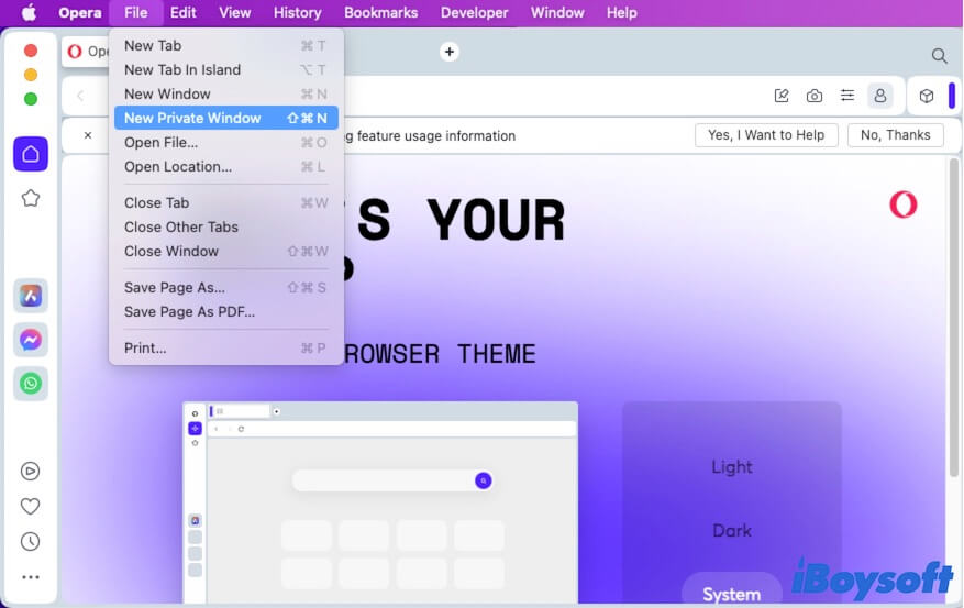 Öffnen Sie den privaten Browser in Opera auf dem Mac