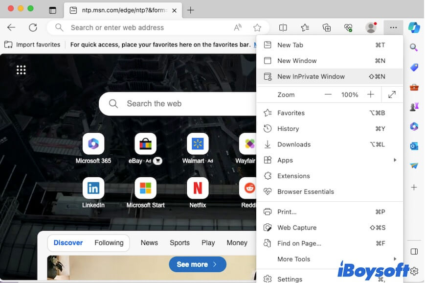 Abrir navegador privado no Microsoft Edge para Mac