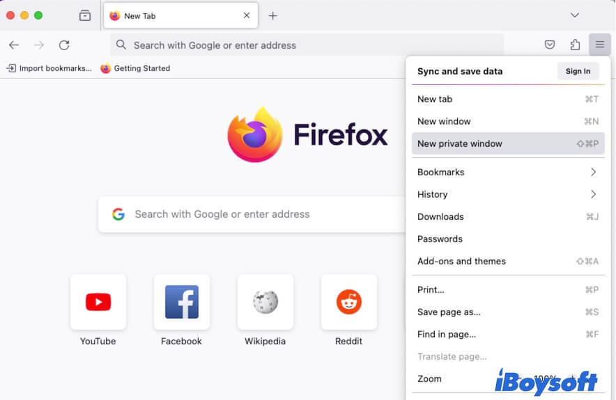 Abrir navegador privado no Firefox em Mac