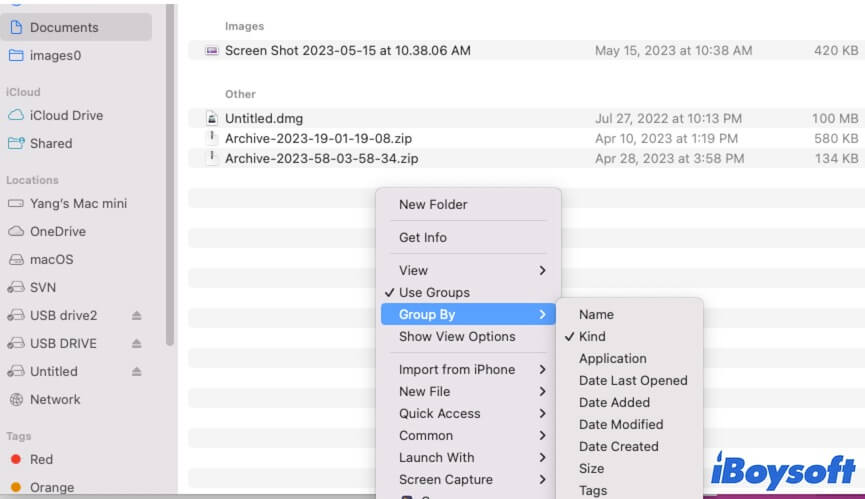 alterar a forma como os arquivos são agrupados no Mac