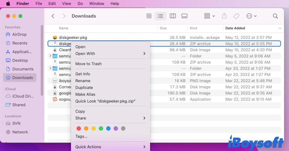 Rechtsklicken, um Dateien auf Mac zu entpacken