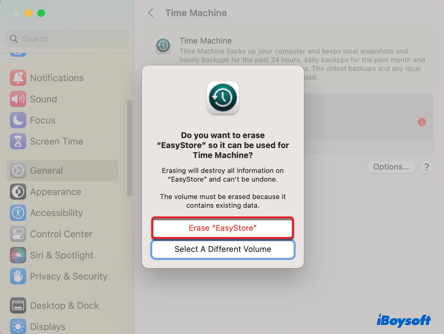 Bestätigen Sie das Löschen Ihrer externen easystore-Festplatte für Time Machine