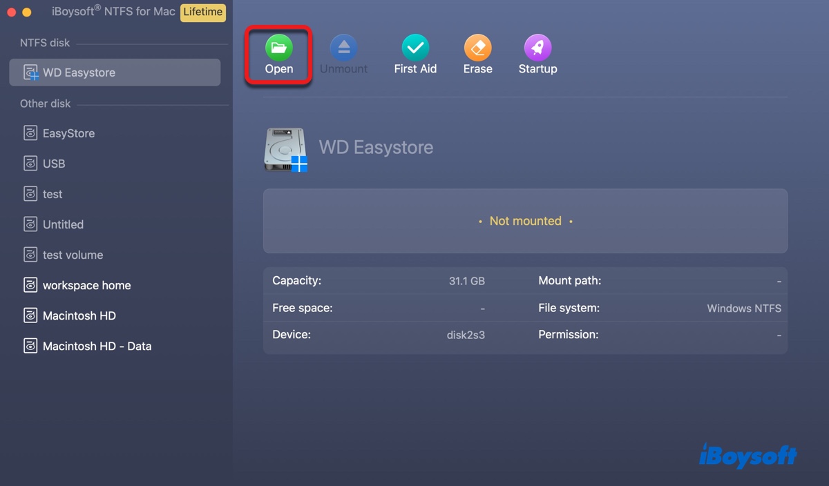 Öffnen Sie das nicht eingehängte easystore NTFS-Laufwerk auf dem Mac