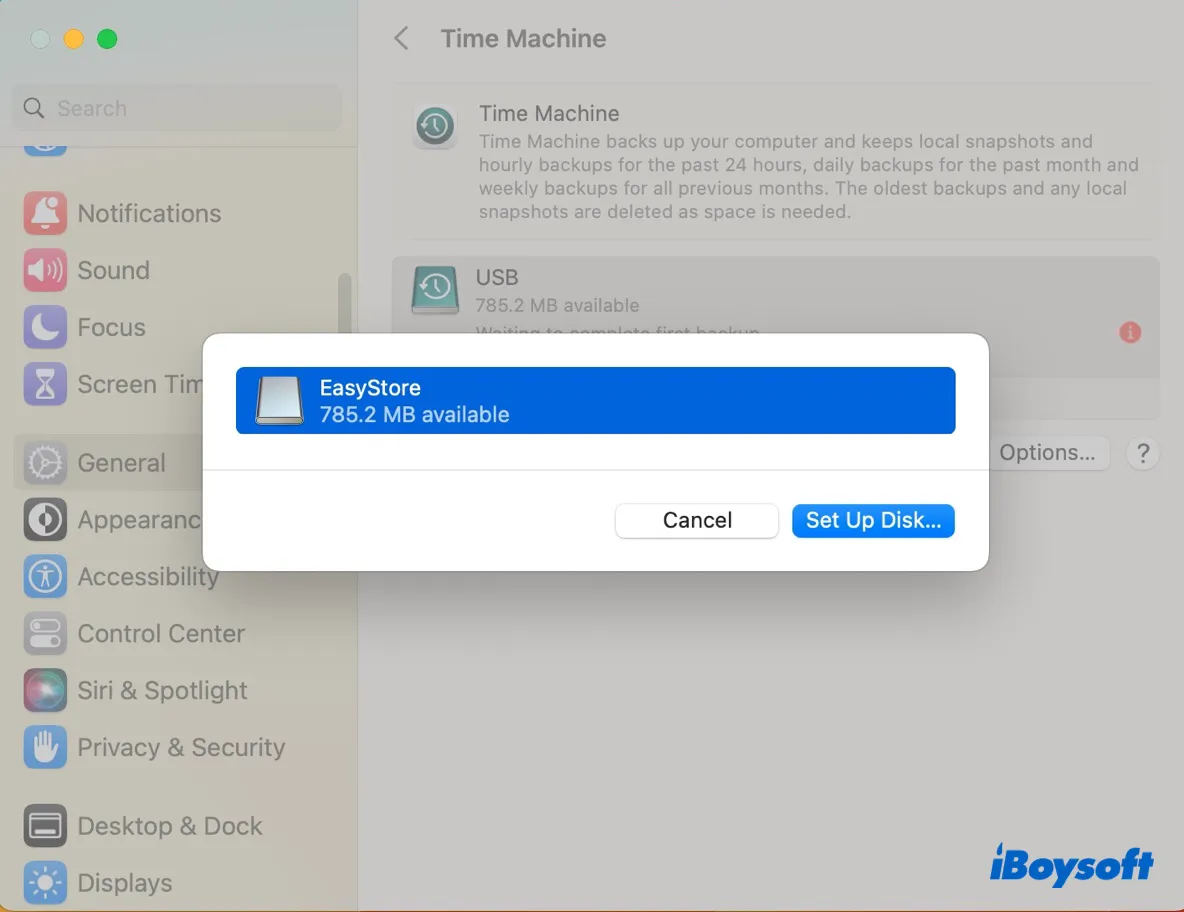 Sélectionnez votre lecteur easystore comme disque de sauvegarde Time Machine sur macOS Ventura ou ultérieur