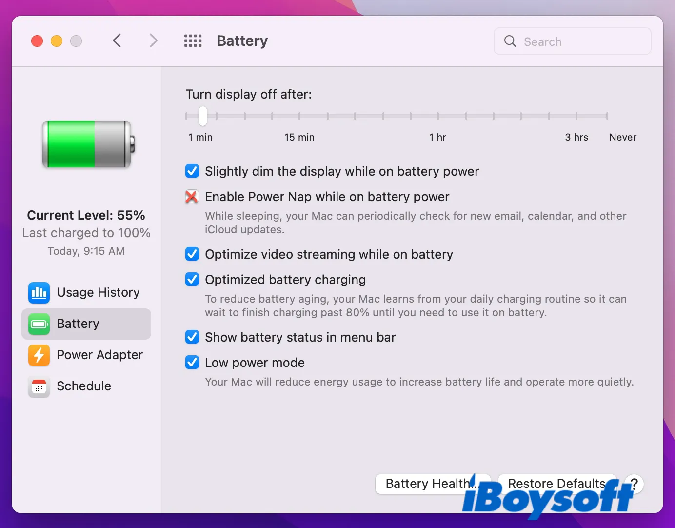 disable power nap in Battery preferences pane