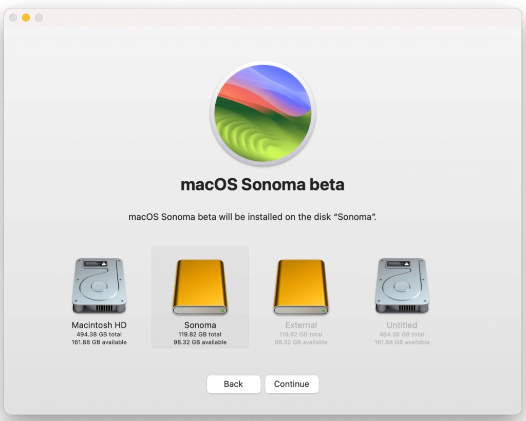 sélectionnez le disque externe pour installer macOS