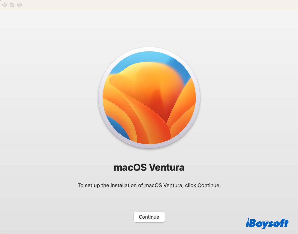 Click Continue to start installing macOS Ventura to a different partition