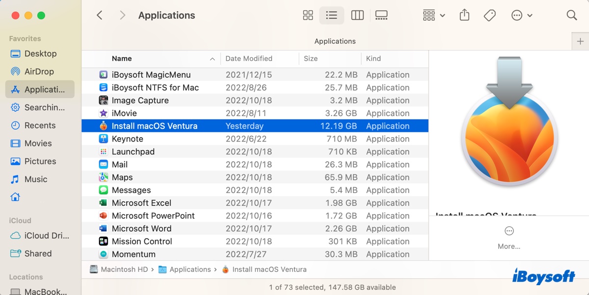 Run macOS Ventura installer from the Applications folder