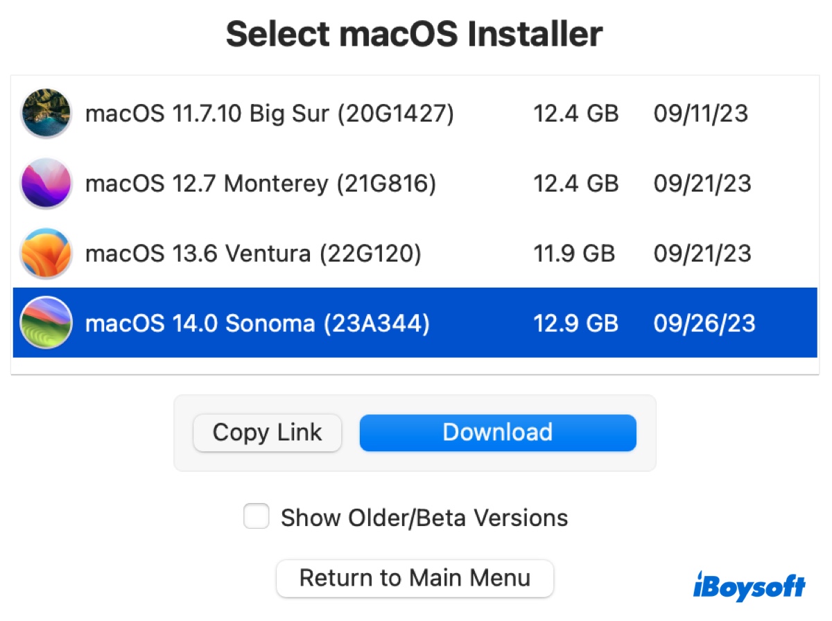 Select macOS Sonoma to download it on an unsupported Mac