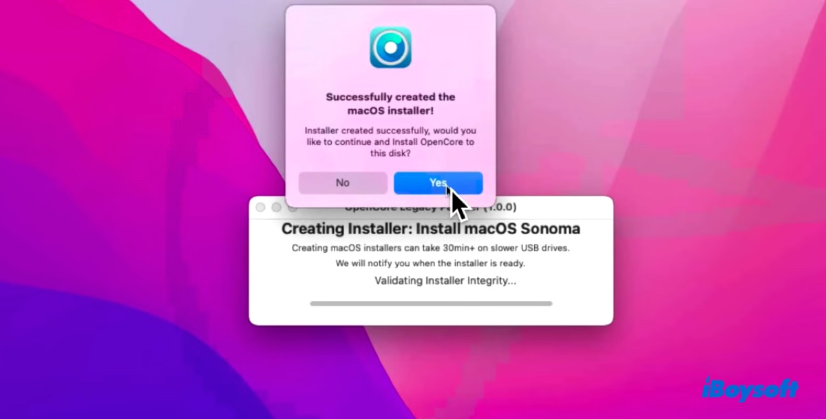 Click Yes to install OCLP on your macOS Sonoma installer