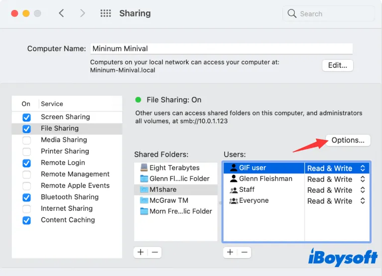 Check Share files and folders using SMB in Options