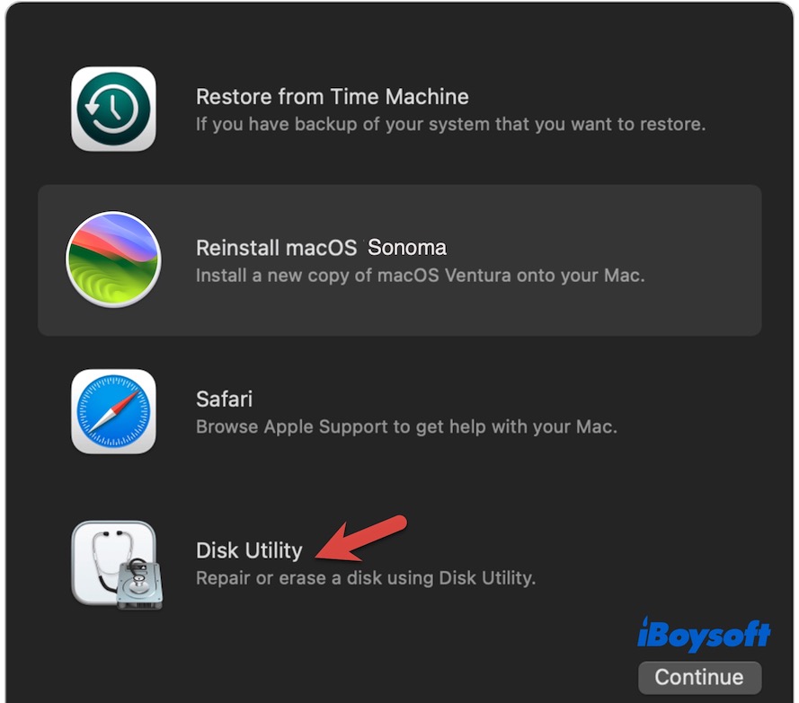 selecionar Utilitário de Disco no Modo de Recuperação do macOS