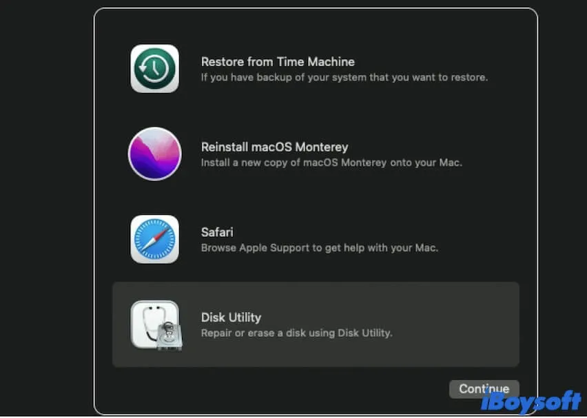 Recovery モードで Disk Utility を選択