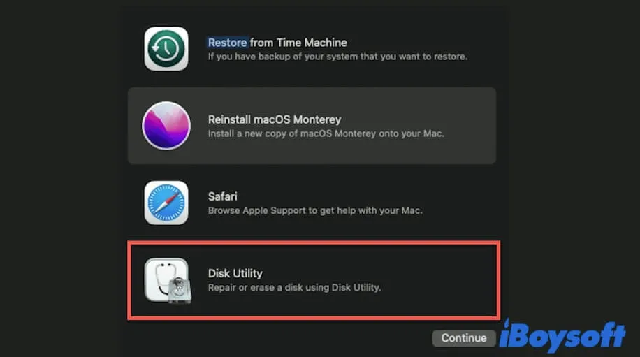 choose Disk Utility in Recovery Mode