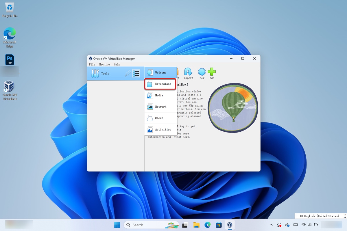 Click Extensions to add extensions pack to VirtualBox