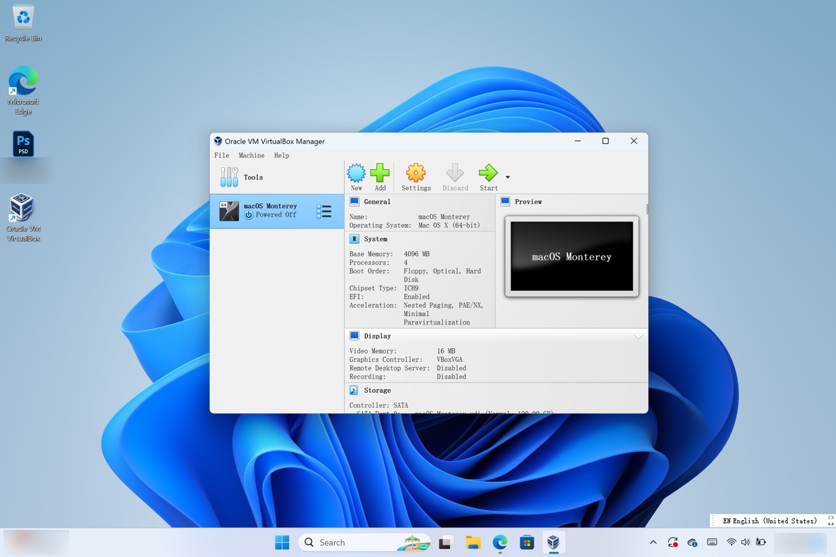 Clicar em Configurações para customizar a máquina virtual macOS Monterey