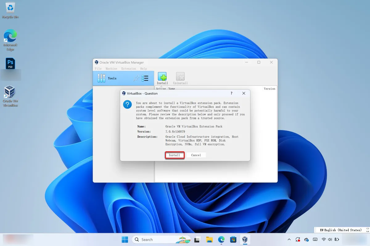 Instale o pacote de extensões do VirtualBox no PC com Windows