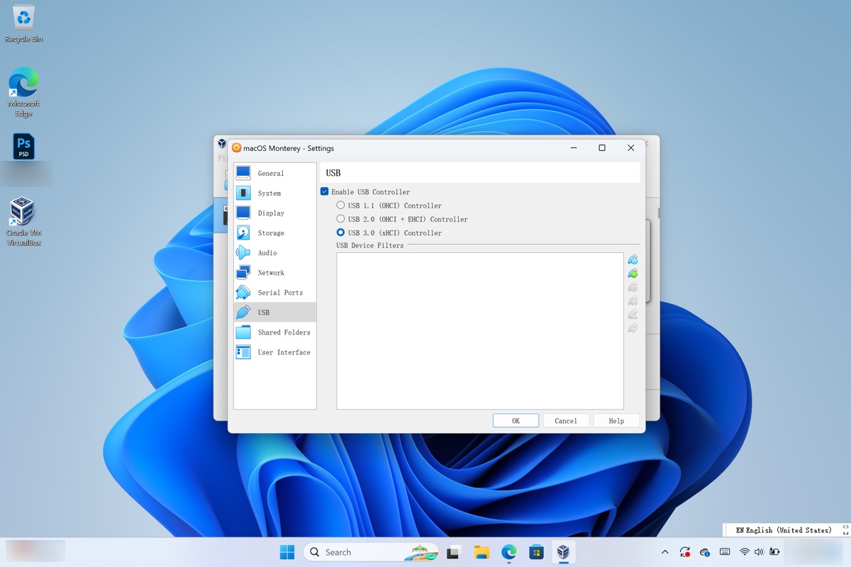 Selecionar controlador USB 3 para a máquina virtual macOS Monterey
