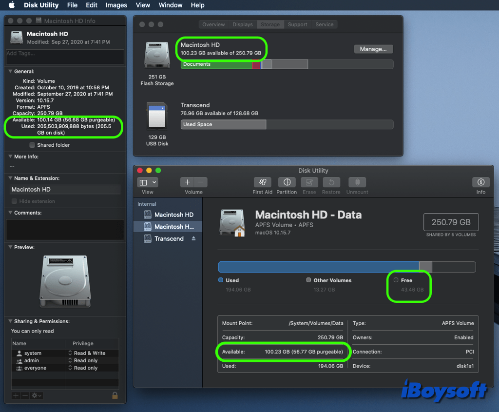 macOS zeigt unterschiedliche falsche freie Speicherplätze