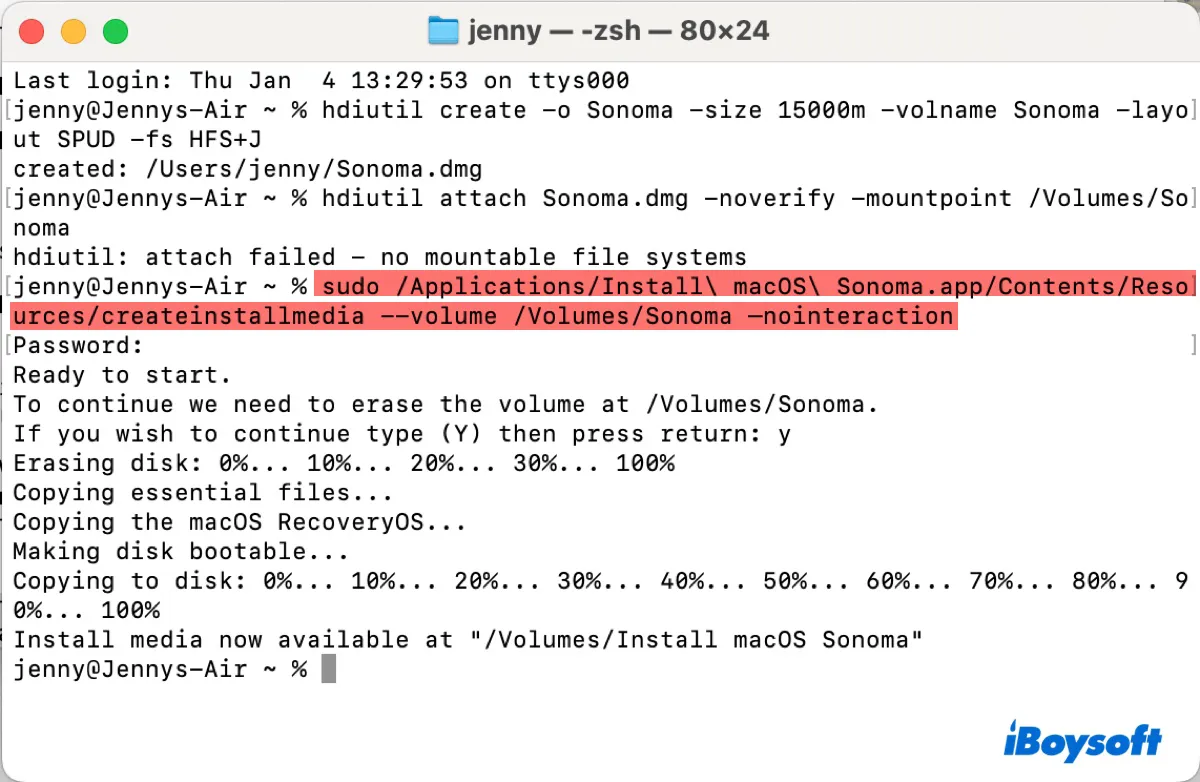 Crear el archivo DMG de macOS Sonoma arrancable en Terminal