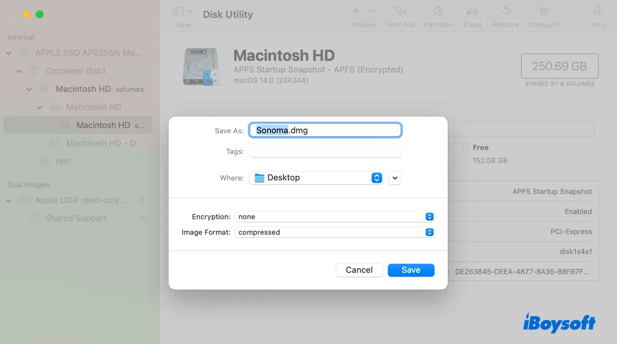 Créez le fichier DMG macOS Sonoma dans l'Utilitaire de disque
