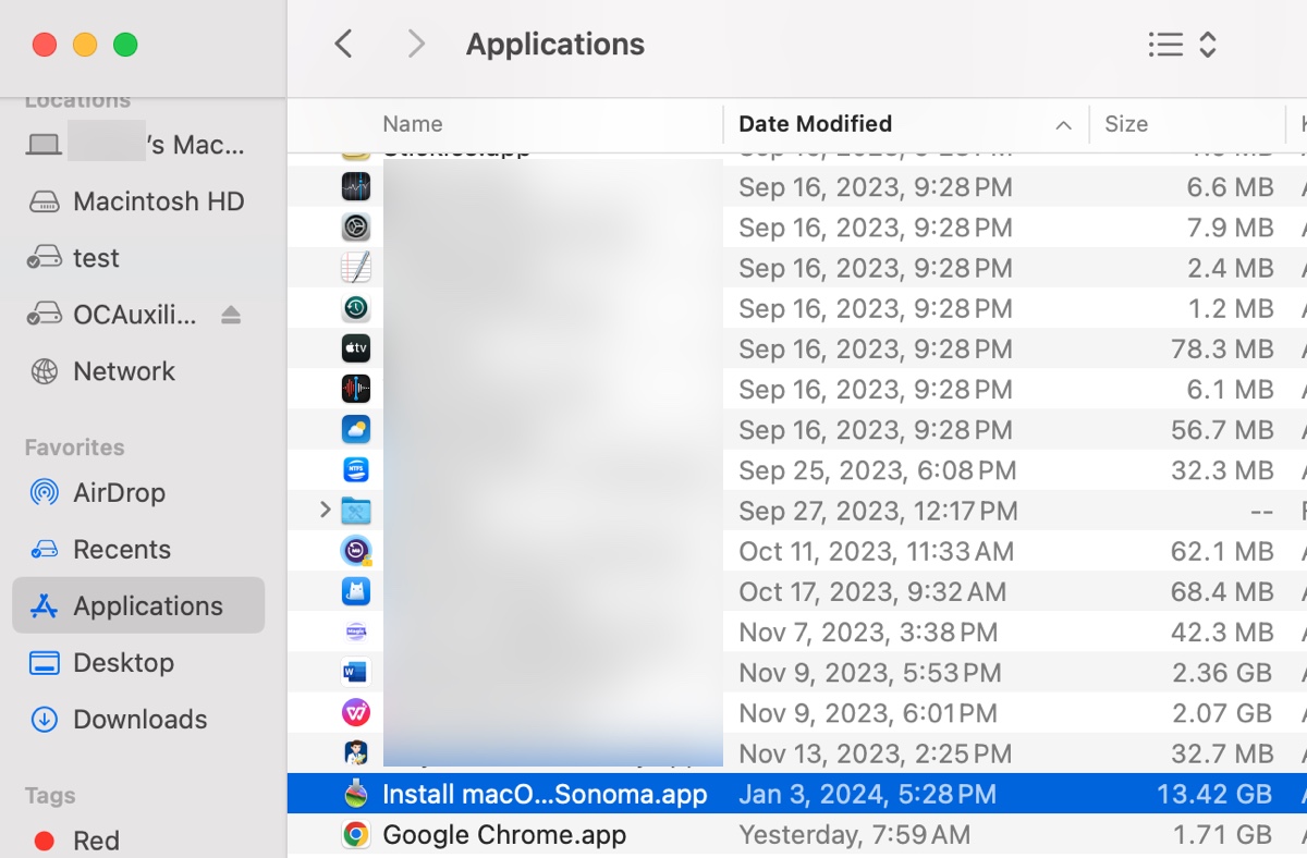 Installeur macOS Sonoma dans le dossier Applications