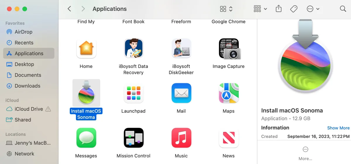 macOS Sonoma full installer in the Applications folder