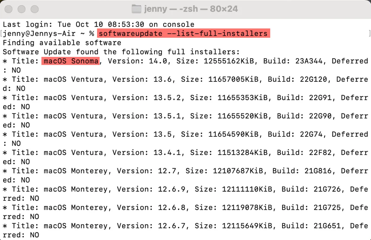 Vérifier les installateurs complets de macOS disponibles dans Terminal 