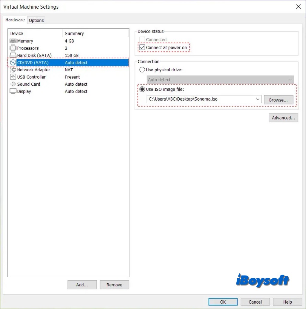 Sonoma ISOイメージをVMwareに接続する