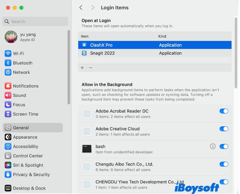 disable login items on Mac