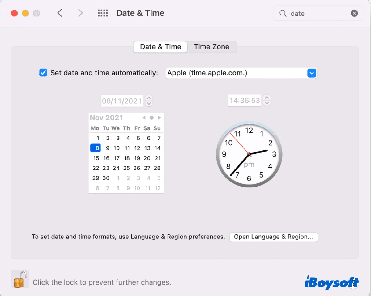 Configure your Mac to set date and time automatically