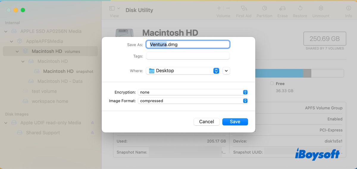 macOS Venturaインストーラーを含むフォルダーを選択してmacOS Ventura DMGを作成する
