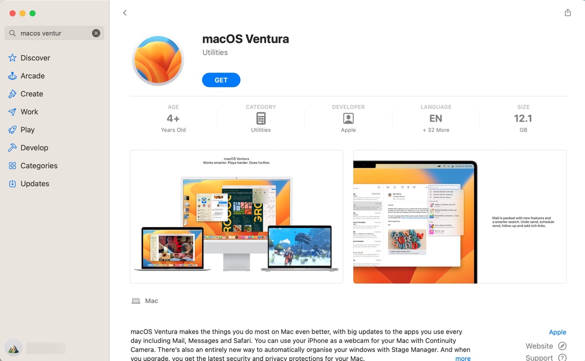 App StoreからmacOS Venturaのフルインストーラーをダウンロード