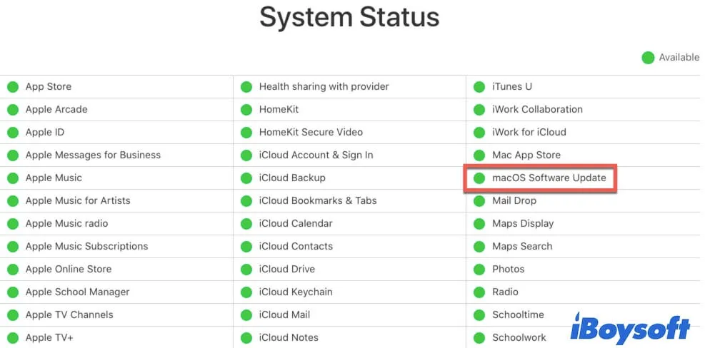 vérification de l'état des serveurs Apple pour la mise à jour logicielle