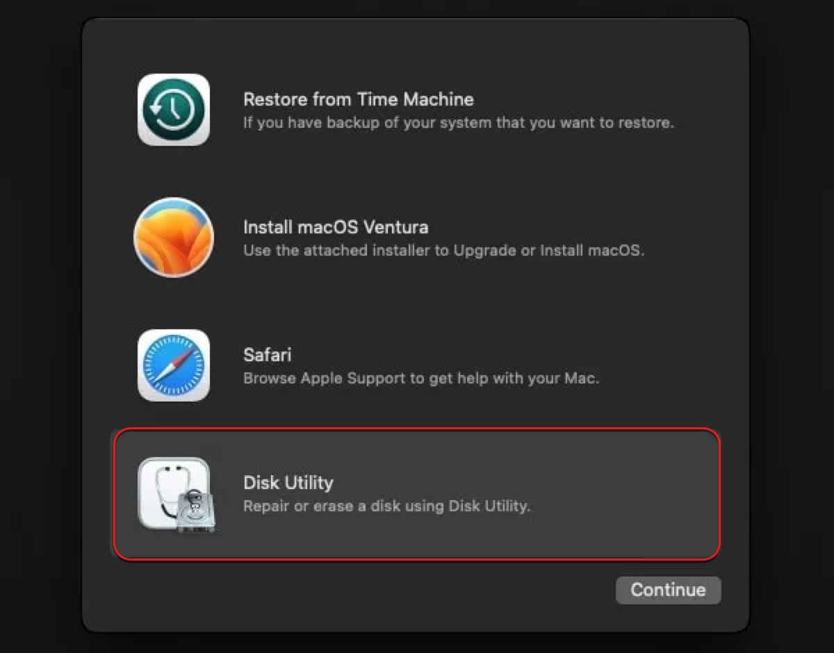 Select Disk Utility to format the virtua machine