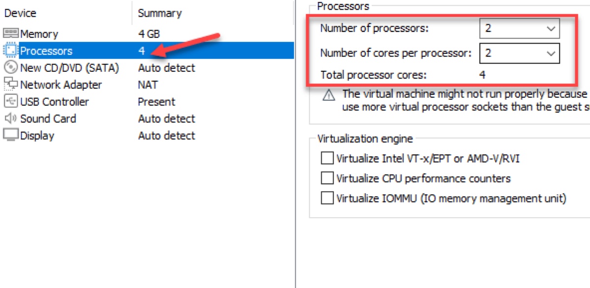 Specify number of processors for virtual machine