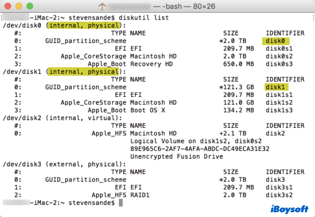 Verifique o identificador dos drives físicos divididos do Fusion Drive